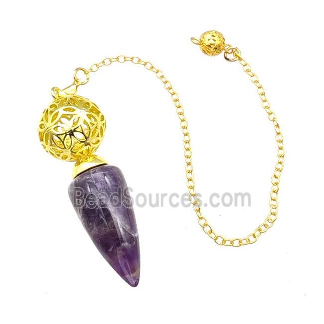 Natural Purple Amethyst Dowsing Pendulum Pendant With Copper Hollow Ball Chain Gold Plated