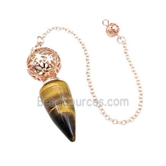 Natural Tiger Eye Stone Dowsing Pendulum Pendant With Copper Hollow Ball Chain Rose Gold