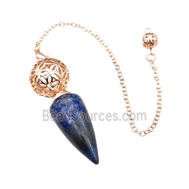 Natural Blue Lapis Lazuli Dowsing Pendulum Pendant With Copper Hollow Ball Chain Rose Gold