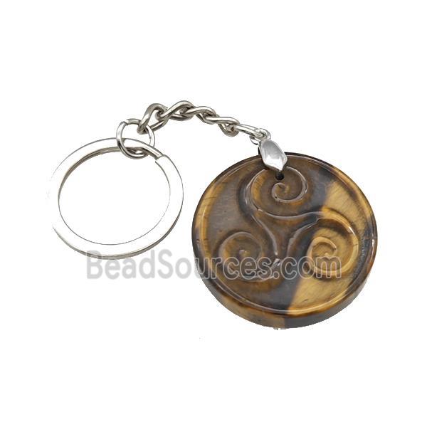 Tiger Eye Stone Triskelion Keychain Circle Alloy Platinum Plated