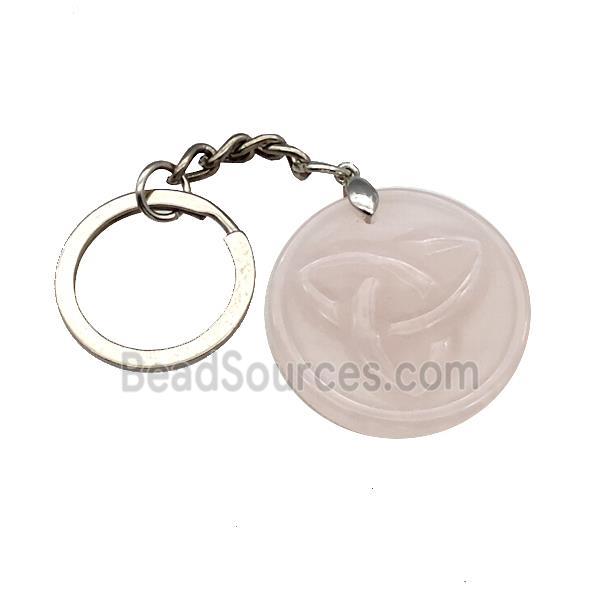 Pink Rose Quartz Trinity Keychain Circle Alloy Platinum Plated