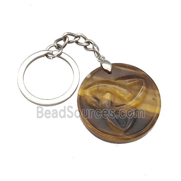 Tiger Eye Stone Trinity Keychain Circle Alloy Platinum Plated