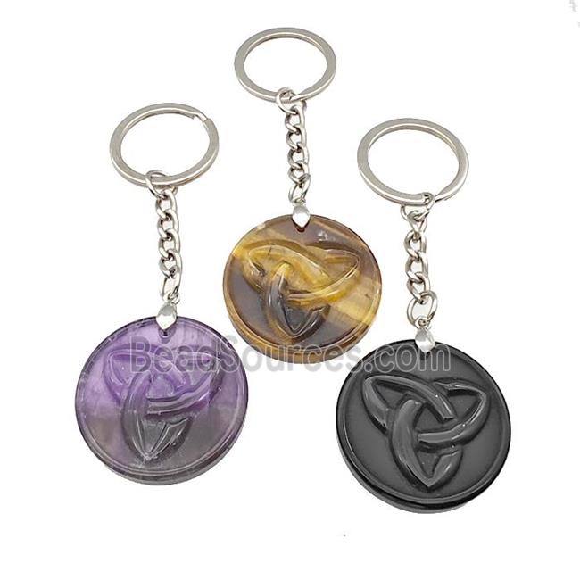 Natural Gemstone Trinity Keychain Circle Alloy Platinum Plated Mixed