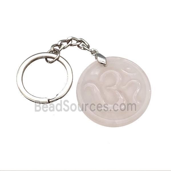 Pink Rose Quartz Hinduism Keychain OM Circle Alloy Platinum Plated