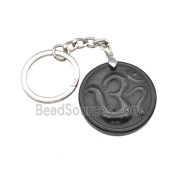 Black Obsidian Hinduism Keychain OM Circle Alloy Platinum Plated