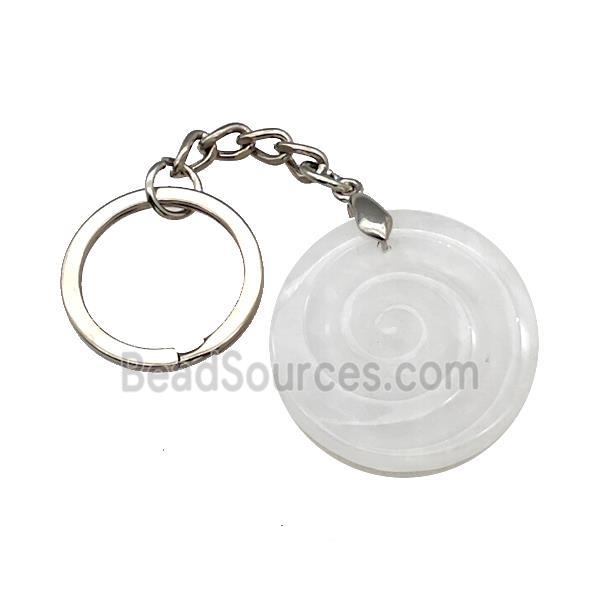 Clear Quartz Spiral Keychain Circle Alloy Platinum Plated