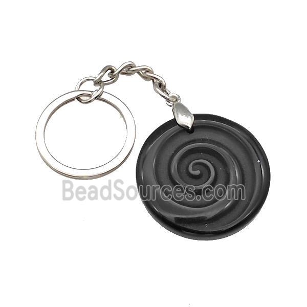 Black Obsidian Spiral Keychain Circle Alloy Platinum Plated