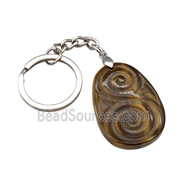 Tiger Eye Stone Spiral Keychain Flat Teardrop Alloy Platinum Plated