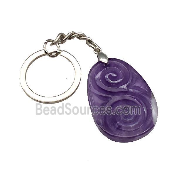 Purple Amethyst Spiral Keychain Flat Teardrop Alloy Platinum Plated