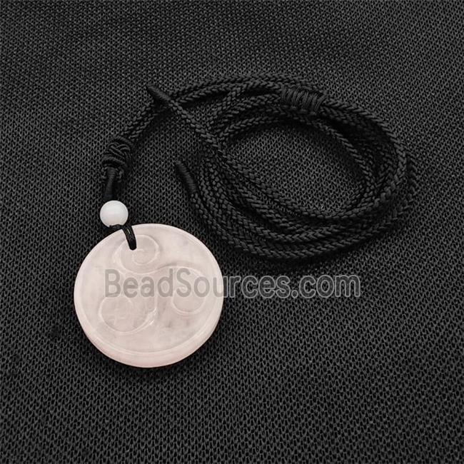 Natural Pink Rose Quartz Triskelion Necklace Circle Black Nylon Rope