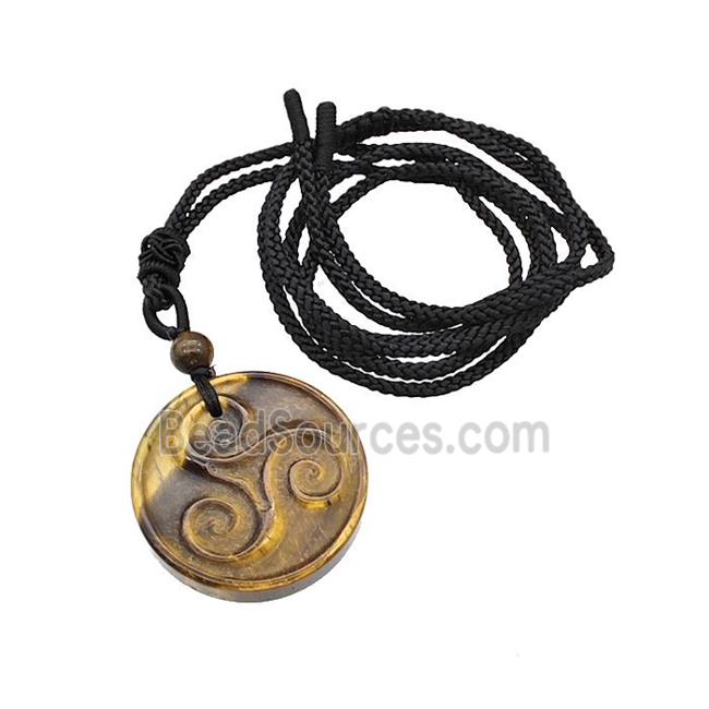 Tiger Eye Stone Triskelion Necklace Circle Black Nylon Rope