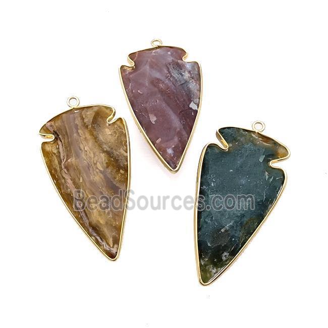 Natural Rock Agate Arrowhead Pendant Gold Plated Mixed Color