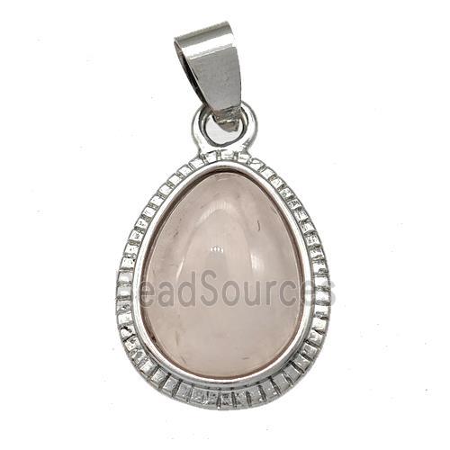 Natural Pink Rose Quartz Teardrop Pendant Platinum Plated