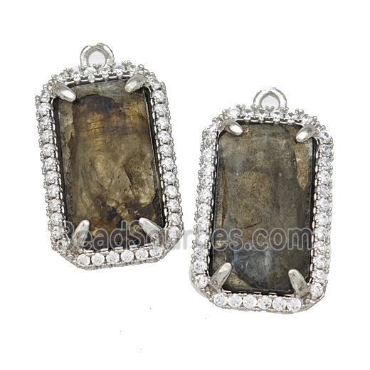 Natural Labradorite Rectangle Pendant Copper Pave Zircon Platinum Plated