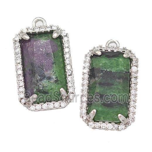 Natural Zoisite Ruby Rectangle Pendant Copper Pave Zircon Platinum Plated