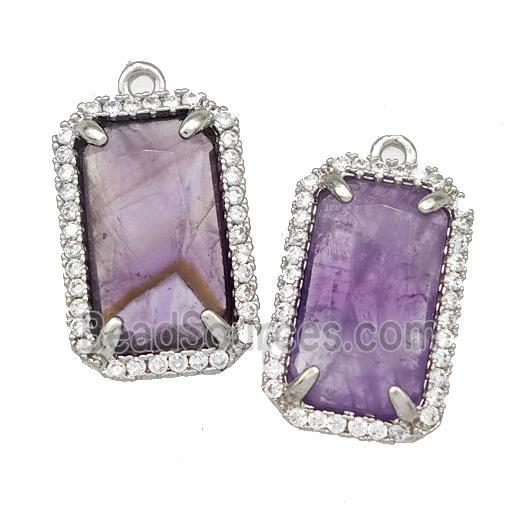 Natural Purple Amethyst Rectangle Pendant Copper Pave Zircon Platinum Plated