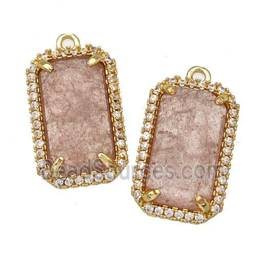 Pink Strawberry Quartz Rectangle Pendant Copper Pave Zircon Gold Plated