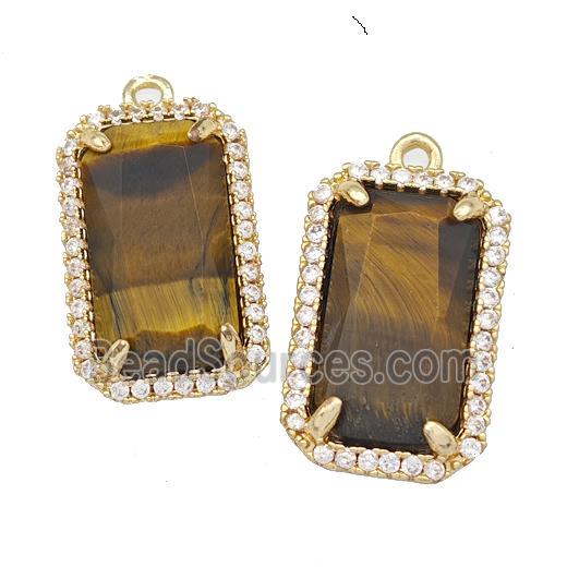 Tiger Eye Stone Rectangle Pendant Copper Pave Zircon Gold Plated