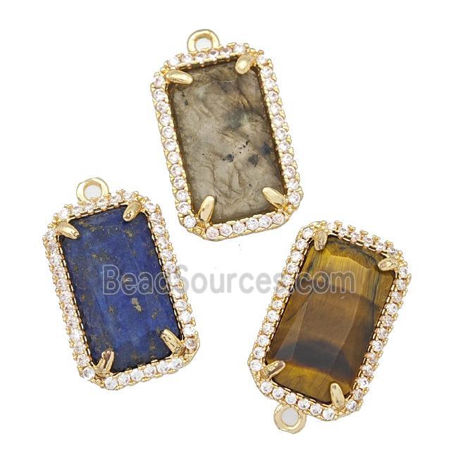 Natural Gemstone Rectangle Pendant Copper Pave Zircon Gold Plated Mixed