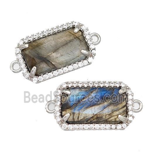 Natural Labradorite Rectangle Connector Copper Pave Zircon Platinum Plated