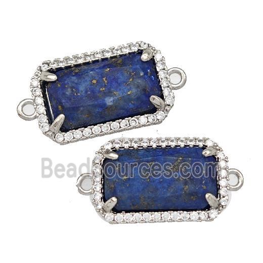 Natural Lapis Lazuli Rectangle Connector Copper Pave Zircon Platinum Plated