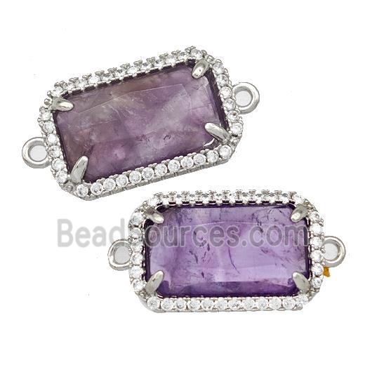 Natural Purple Amethyst Rectangle Connector Copper Pave Zircon Platinum Plated