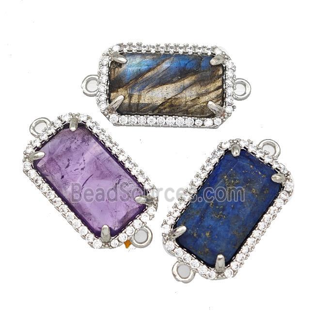 Natural Gemstone Rectangle Connector Copper Pave Zircon Platinum Plated Mixed