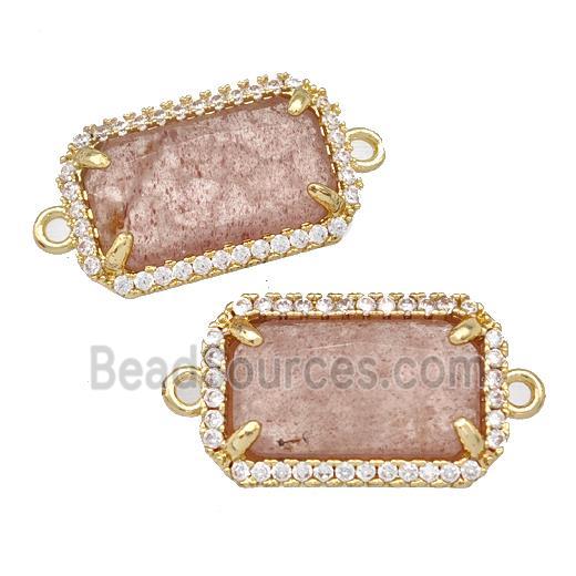 Pink Strawberry Quartz Rectangle Connector Copper Pave Zircon Gold Plated