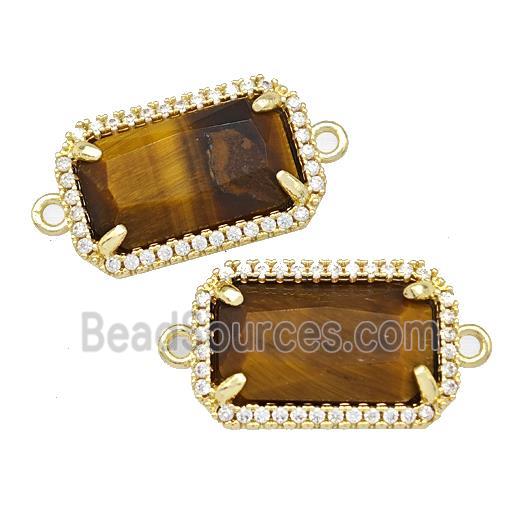 Natural Tiger Eye Stone Rectangle Connector Copper Pave Zircon Gold Plated