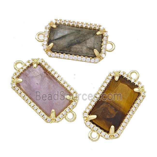 Natural Gemstone Rectangle Connector Copper Pave Zircon Gold Plated Mixed