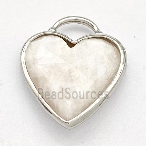 Natural White Moonstone Heart Pendant Faceted Platinum Plated