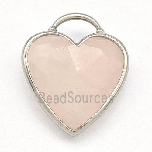 Natural Pink Rose Quartz Heart Pendant Faceted Platinum Plated