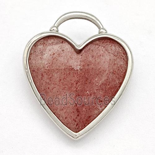 Pink Strawberry Quartz Heart Pendant Faceted Platinum Plated