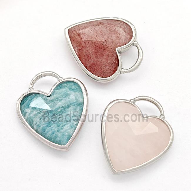 Natural Gemstone Heart Pendant Faceted Platinum Plated Mixed