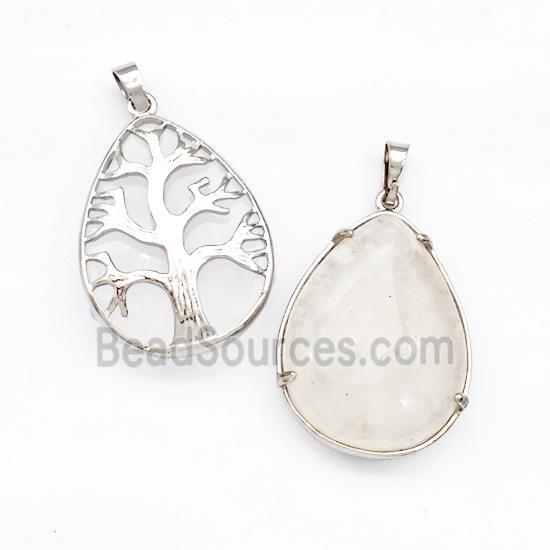 Clear Quartz Teardrop Pendant Tree Platinum Plated