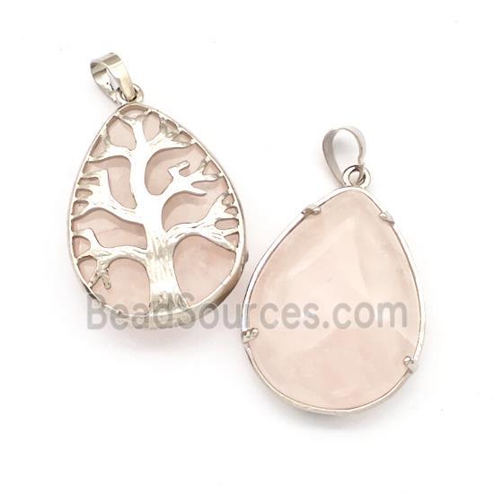 Natural Pink Rose Quartz Teardrop Pendant Tree Platinum Plated