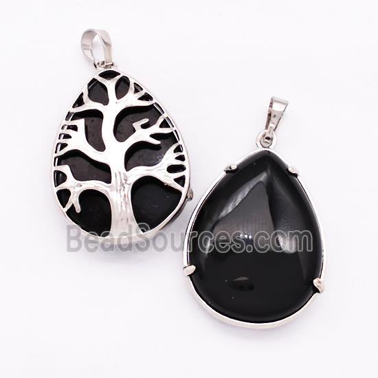 Natural Black Onyx Agate Teardrop Pendant Tree Platinum Plated