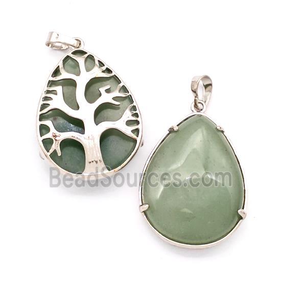 Natural Green Aventurine Teardrop Pendant Tree Platinum Plated