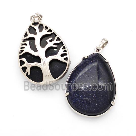 Blue Sandstone Teardrop Pendant Tree Platinum Plated