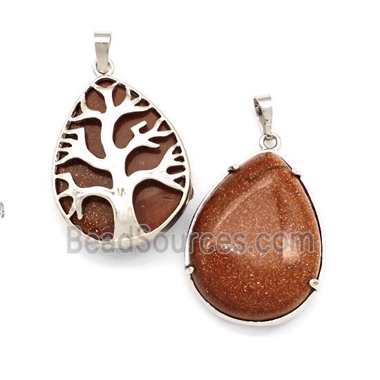 Golden Sandstone Teardrop Pendant Tree Platinum Plated