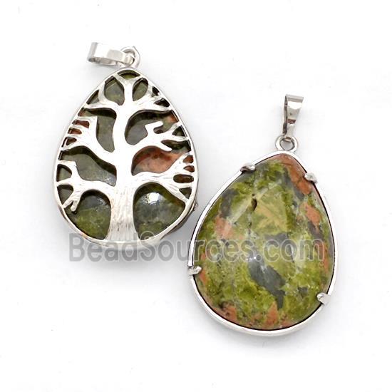 Natural Unakite Teardrop Pendant Tree Platinum Plated