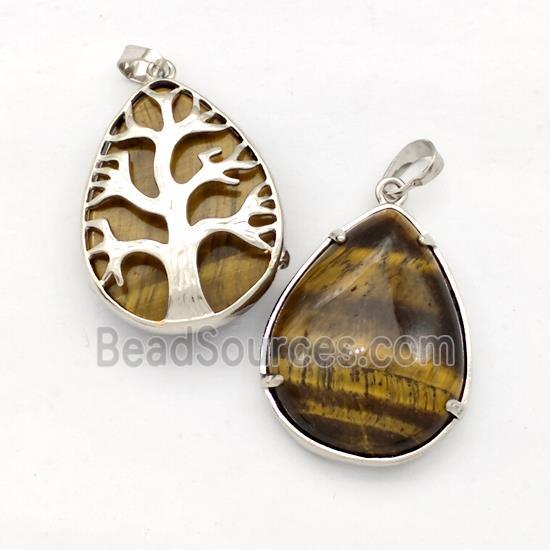 Natural Tiger Eye Stone Teardrop Pendant Tree Platinum Plated