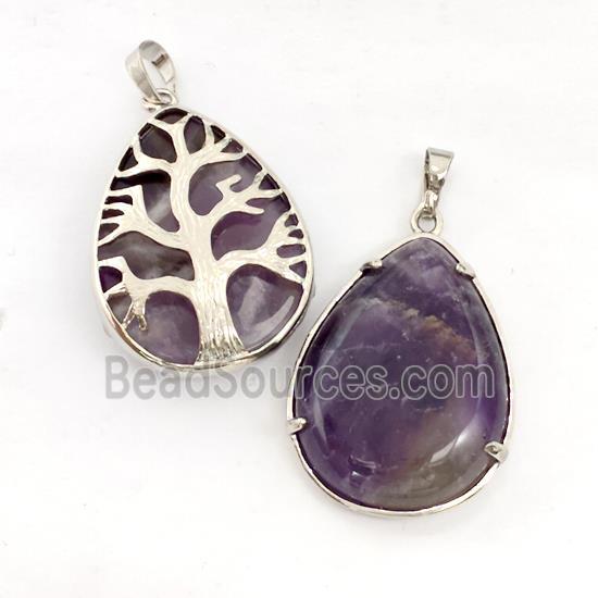 Natural Purple Amethyst Teardrop Pendant Tree Platinum Plated