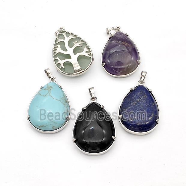 Mixed Gemstone Teardrop Pendant Tree Platinum Plated