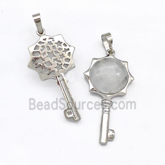 Alloy Key Charms Pendant Pave Clear Quartz Platinum Plated