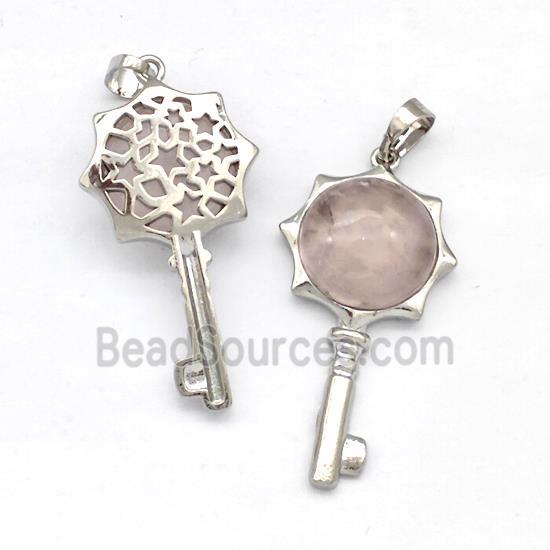 Alloy Key Charms Pendant Pave Rose Quartz Platinum Plated