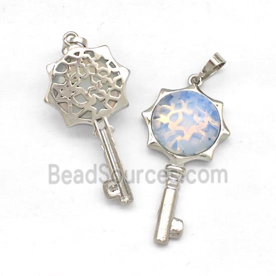 Alloy Key Charms Pendant Pave White Opalite Platinum Plated