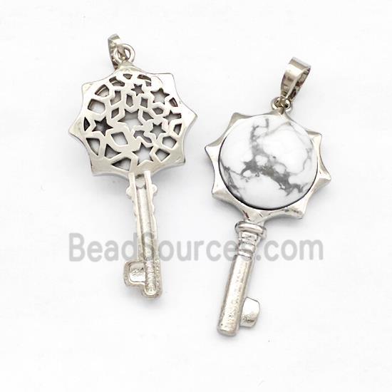 Alloy Key Charms Pendant Pave White Howlite Platinum Plated