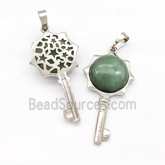 Alloy Key Charms Pendant Pave Green Aventurine Platinum Plated