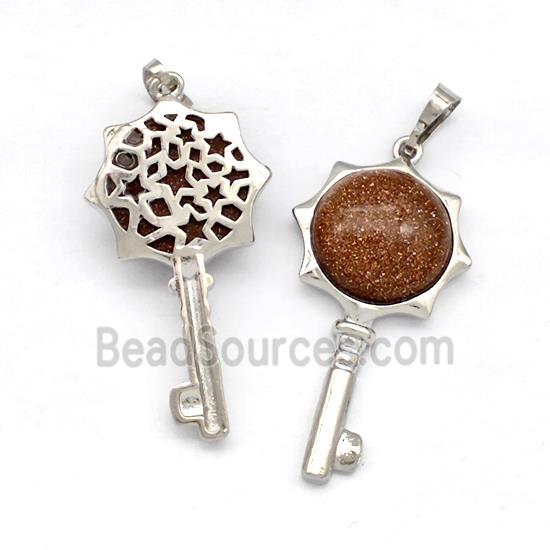 Alloy Key Charms Pendant Pave Golden Sandstone Platinum Plated